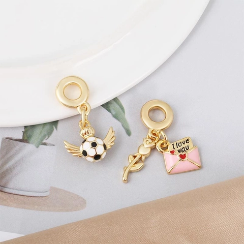 DIY Copper 18K Gold Plated Enamel Charm Pendants Rhinestone Soccer Heart Anchor Cross Love Letter Jewelry Making Accessories