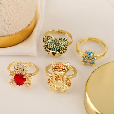Fashionable Gold Plated Copper Bear Ring For Women Micro Inlaid Zirconia Open Adjustable Ring Animal Finger Jewelry Gift