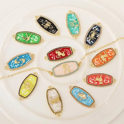 Connettori Smaltati Segni Zodiacali Pendenti in Rame Placcato Oro Micro Set Zirconia per Bracciali Fai da Te Creazione Gioielli