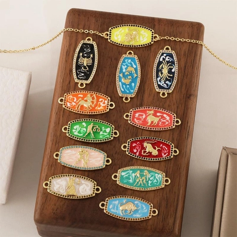 Connettori Smaltati Segni Zodiacali Pendenti in Rame Placcato Oro Micro Set Zirconia per Bracciali Fai da Te Creazione Gioielli