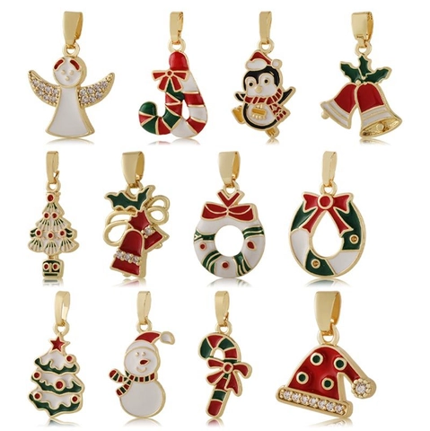 Christmas Pendant Necklace Copper Gold Plated Enamel Santa Tree Snowman Bell Reindeer Zirconia Festive Jewelry For Women Party Gift