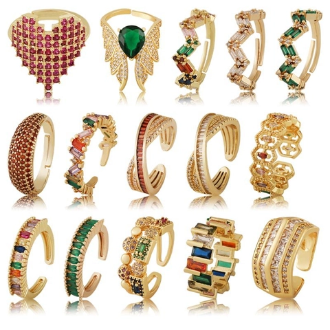 Fashion Adjustable Copper Zirconia Open Ring For Women Light Luxury Style Colorful Gemstone Heart Wing Geometric Finger Ring Jewelry Gift