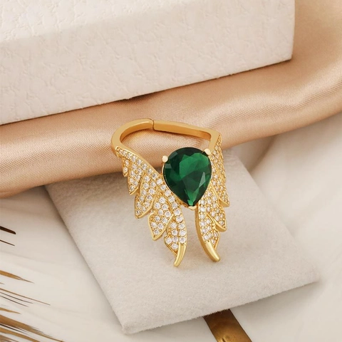 Fashion Adjustable Copper Zirconia Open Ring For Women Light Luxury Style Colorful Gemstone Heart Wing Geometric Finger Ring Jewelry Gift