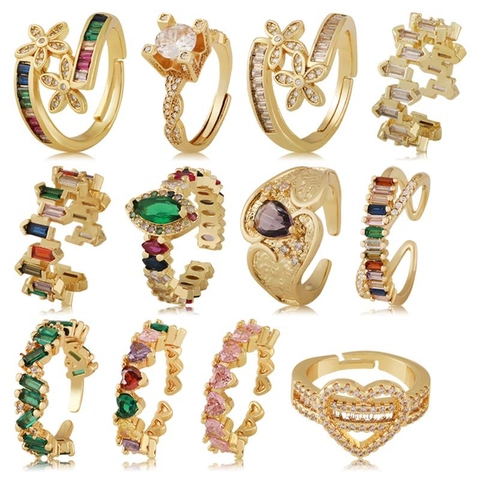 Vintage Lightweight Luxury Colorful Zirconia Adjustable Open Finger Ring Copper Real Gold Plated Niche Design Fashion Jewelry Gift For Women