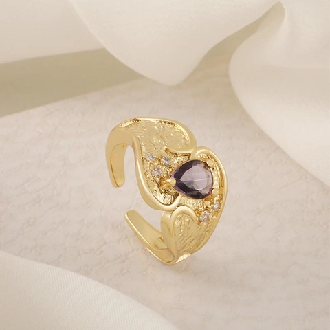 Vintage Lightweight Luxury Colorful Zirconia Adjustable Open Finger Ring Copper Real Gold Plated Niche Design Fashion Jewelry Gift For Women