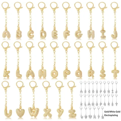 Portachiavi con Lettera Iniziale a Bolla 3D A-Z in Rame con Zirconia Intarsiata Placcato Oro Argento Ciondolo per Borsa Regalo