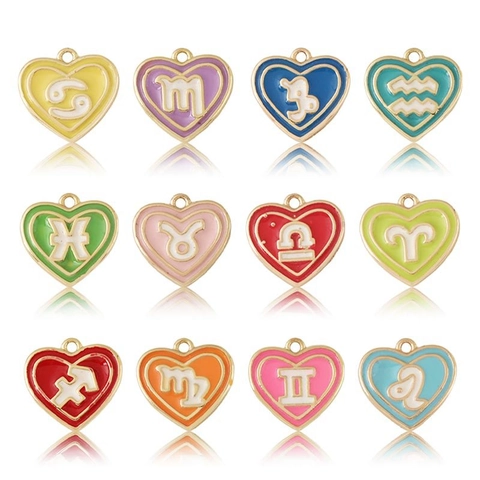 Ciondolo a Forma di Cuore con Segno Zodiacale in Smalto Placcato Oro 18K in Rame per Collana Fai-da-te Bracciale Gioielli da Donna