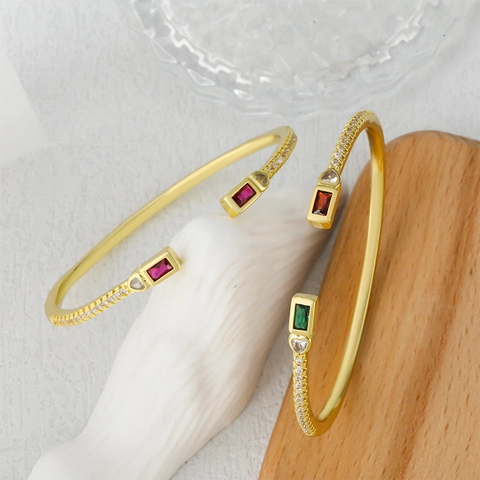 Trendy Brass Open Bangle With Zirconia Rectangle Heart Shape Multi Color Gemstone Gold Plated Cuff Bracelet For Women Party