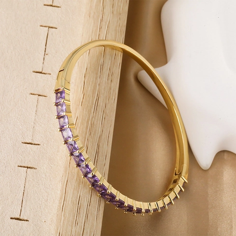 Luxury 18K Gold Plated Copper Bracelet For Women Elegant Purple Square Cubic Zirconia Inlaid Bangle INS Style Fashion Jewelry