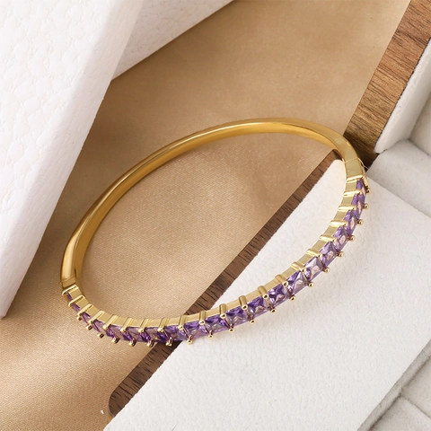 Luxury 18K Gold Plated Copper Bracelet For Women Elegant Purple Square Cubic Zirconia Inlaid Bangle INS Style Fashion Jewelry