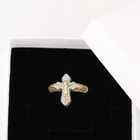 Anillo Abierto de Cruz Crucifijo de Cobre Chapado en Oro Zirconia Incrustada Ajustable Religioso Hip Hop Joyería de Moda Unisex
