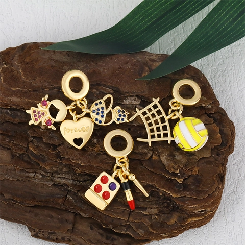 Gold Plated Copper Heart High Heel Volleyball Makeup Palette Pendant Charm With Rhinestones For DIY Bracelet Jewelry Making
