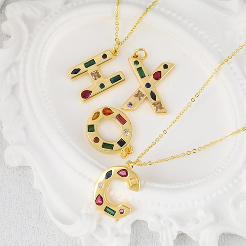 Gold Plated Copper Multi-Color Zircon Alphabet Letter Pendant Necklace Personalized A-Z Initial Choker Jewelry For Women
