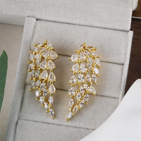 Fashion Copper Angel Wing Stud Earrings Colorful Zirconia Inlaid Feather Shape Gold Plated Women Elegant Jewelry Gift