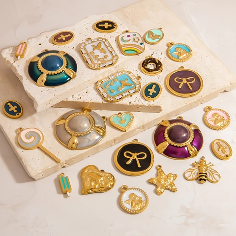Colgantes de Joyería DIY de Acero Inoxidable Chapados en Oro de 18K Esmalte Cruz Abeja Estrella de Mar Circonia Para Hacer Collares