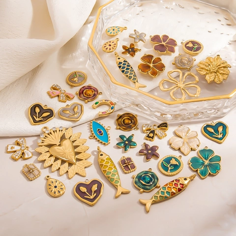 Stainless Steel Pendant 18K Gold Plated Enamel Rhinestone Heart Flower DIY Jewelry Making Accessory For Women Girls