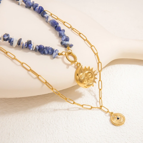 Roestvrij Staal Natuursteen Zon Maan Hanger Halsketting Voor Dames Parelmoer Gelaagde Hemelse Boheemse Strass Sieraden