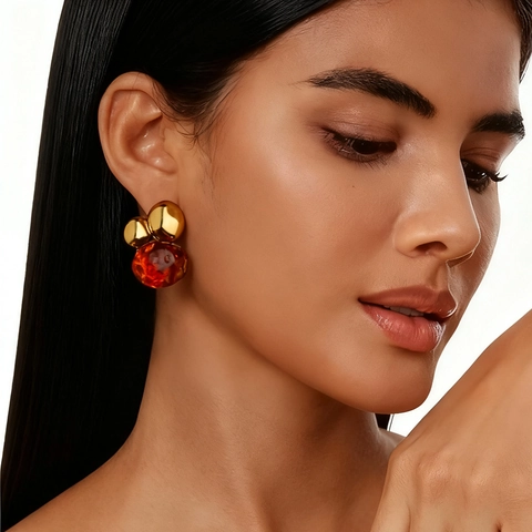 Stainless Steel Resin Stud Earrings Retro Maillard Style Geometric Amber Gold Plated Light Luxury Women Fashion Jewelry