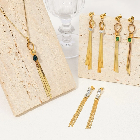 Stainless Steel Gold Tassel Jewelry Necklace With Blue Teardrop Zirconia Long Rectangle Zirconia Drop Earrings For Women