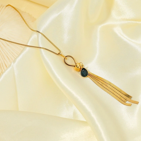 Stainless Steel Gold Tassel Jewelry Necklace With Blue Teardrop Zirconia Long Rectangle Zirconia Drop Earrings For Women