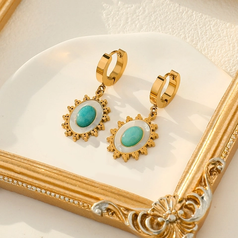 Französische Retro Edelstahl Ohrringe Porträt Cameo Türkis Sonnenblume Strass Eingelegt Vergoldeter Schmuck Für Damen