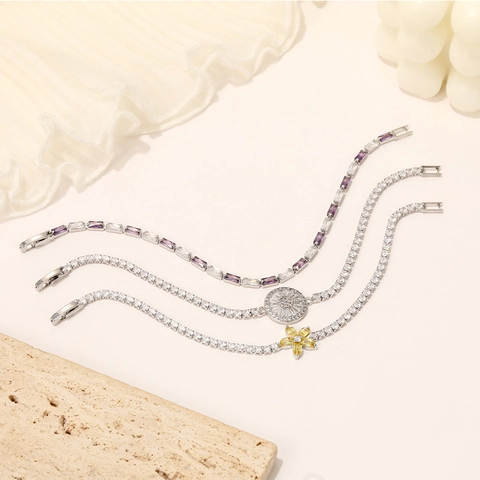 Luxus Edelstahl Tennis Armband Mit Funkelnden Zirkonia Blume Rund Sternenstrahl Anhänger Für Damen Süßer Modeschmuck