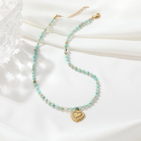 Naturstein Perlenkette Für Damen Gold Herz Böser Blick Anhänger Titanstahl Strass Böhmischer Mode Schmuck Valentinsgeschenk