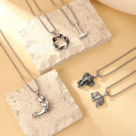 Men Stainless Steel Pendant Necklace Vintage Thor Hammer Muscular Arm Elephant Head Twisted Ring Pendant Punk Jewelry