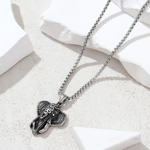 Men Stainless Steel Pendant Necklace Vintage Thor Hammer Muscular Arm Elephant Head Twisted Ring Pendant Punk Jewelry