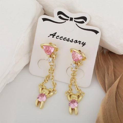 Vintage Mode Kupfer Bär Ohrhänger Mit Rosa Herz Strass Saturn Stern Dangle Ohrringe Für Damen Schmuck Geschenk
