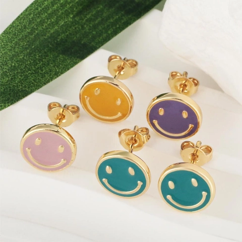 Boucles d'Oreilles Clous Émail Visage Souriant Rond Cuivre Coloré Bijoux de Visage Souriant pour Femmes Filles Accessoires