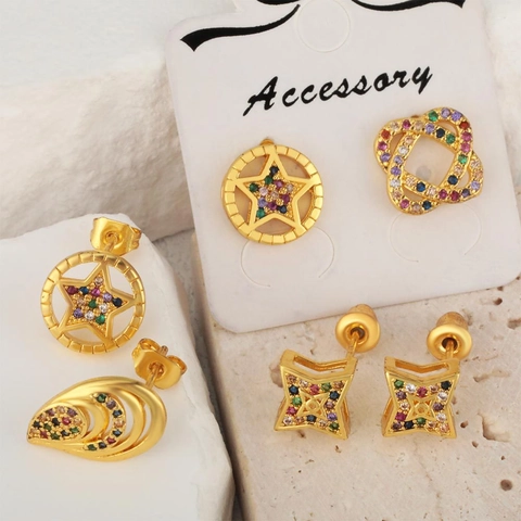 Exotisch Kupfer Bunte Strass Ohrstecker Hip Hop Geometrisch Herz Stern Kreuz Schmuck Mit 18K Gold Ohrringpfosten