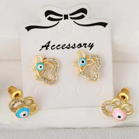 Fashion Copper Gold Plated Evil Eye Heart Butterfly Stud Earrings For Women Rhinestone Inlaid Personalized Jewelry Accessory