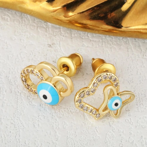 Fashion Copper Gold Plated Evil Eye Heart Butterfly Stud Earrings For Women Rhinestone Inlaid Personalized Jewelry Accessory