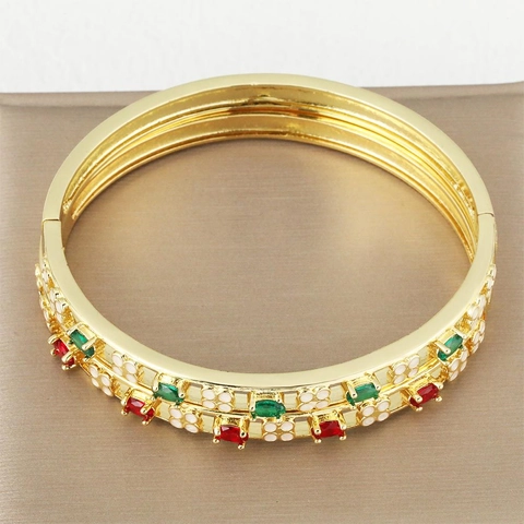 Luxury Copper Zirconia Bangle For Women Real Gold Plated Clover Flower Inlaid Colorful Gemstone Hinged Cuff Bracelet Vintage Jewelry