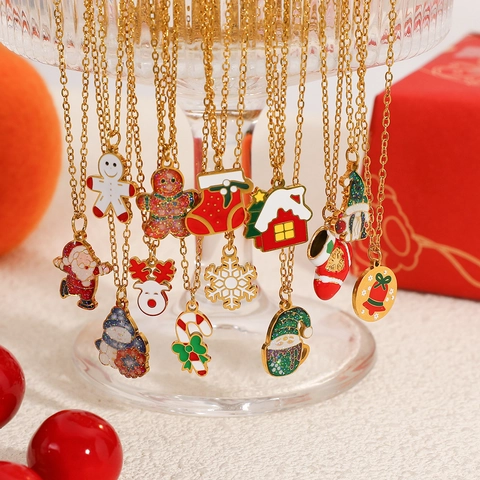 Christmas Stainless Steel Pendant Necklace 18K Gold Plated Enamel Gingerbread Man Santa Reindeer Snowflake Jewelry For Women