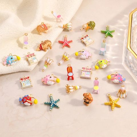 DIY Alloy Enamel Pendants Cute Cartoon Animal Sea Star Badminton Coffee Shop Charms For Jewelry Making Handmade Accessories