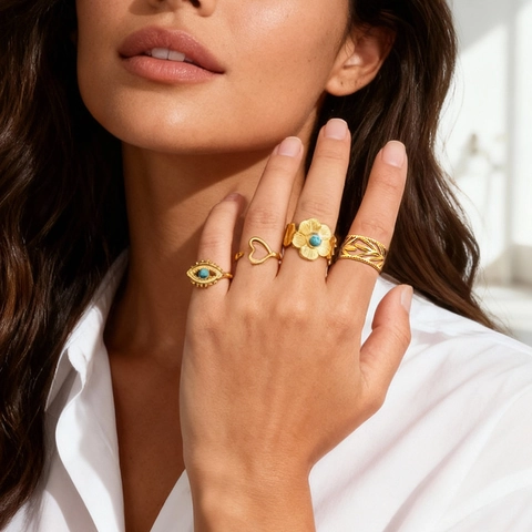 Bagues Réglables en Acier Inoxydable Œil Maléfique Cœur Fleur Pierre Naturelle Plaqué Or 18K Bijoux Bohème Cadeau Femme