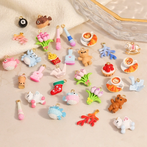 Cute Cartoon Alloy Enamel Pendants For DIY Jewelry Making Colorful Animal Food Bear Cake Flower Charms For Necklace Bracelet Accessories