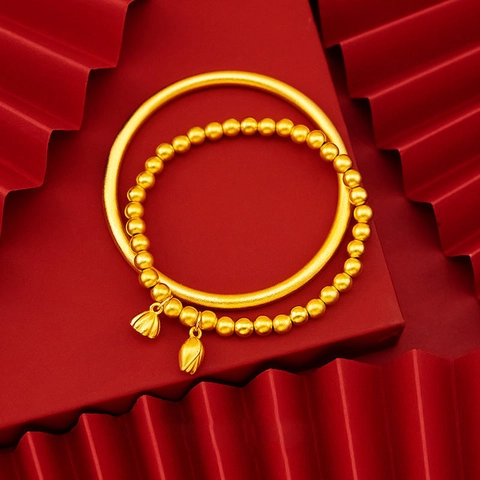 Bracciale Rigido Vintage in Oro Sabbiato Opaco per Donna Bracciale con Perline e Ciondolo a Forma di Loto Sutra del Cuore Inciso Gioielli