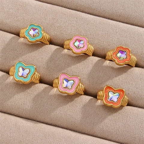 Cute Stainless Steel Enamel Flower Ring For Women Gold Plated Colorful Rhinestone Dainty Floral Finger Ring Jewelry Gift