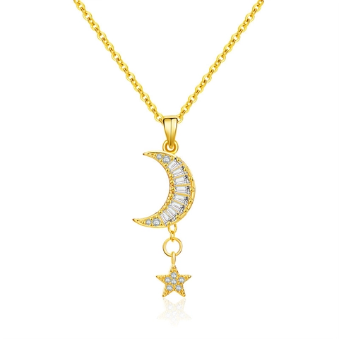 Roestvrij Staal Koper Zirconia Maan Ster Dubbele C Slot Sleutel Hanger Halsketting Voor Vrouwen Elegante Mode Sieraden