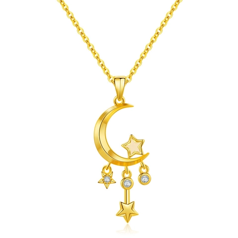 Roestvrij Staal Koper Zirconia Maan Ster Dubbele C Slot Sleutel Hanger Halsketting Voor Vrouwen Elegante Mode Sieraden