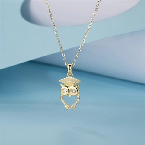 Titanium Steel Gold Owl Pendant Necklace With Academic Cap Rhinestone Inlaid Graduation Gift For Women Jewelry