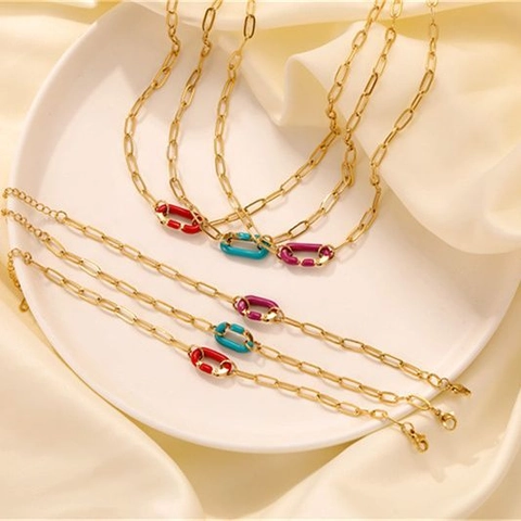 Titanium Steel Colorful Enamel Carabiner Pendant Necklace Gold Paperclip Chain Bracelet Set For Women Men Fashion Jewelry