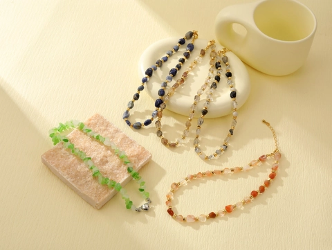 Vintage Stainless Steel Natural Stone Chip Necklace For Women Bohemian Handmade Irregular Gemstone Bead Choker Jewelry