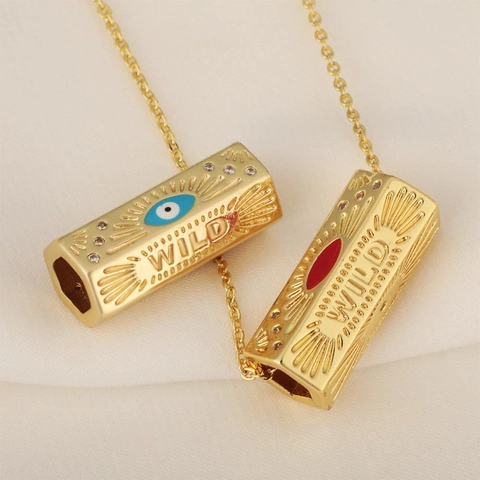 Retro Gold Plated Copper Evil Eye Enamel Hexagon Cylinder Pendant Wild Letter Rhinestone Inlaid DIY Jewelry Charm
