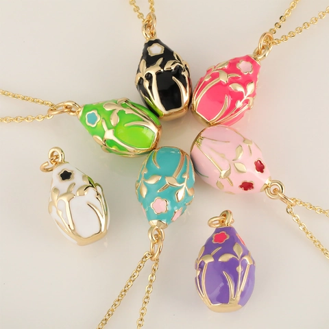 18K Gold Plated Copper Enamel Egg Pendant Necklace Vintage Flower Pattern Necklace For Women Jewelry Easter Gift