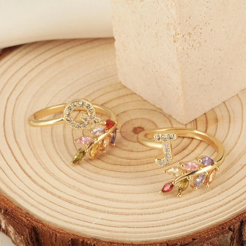 18K Gold Plated Copper Colorful Zircon Alphabet Leaf Open Ring Adjustable Letter Rings For Women Personalized Jewelry