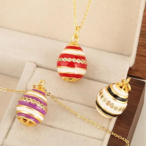 Vintage Enamel Easter Egg Pendant Necklace For Women Copper 18K Gold Plated Zirconia Inlaid Hip Hop Fashion Jewelry